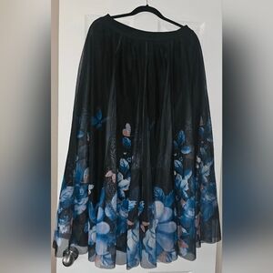 Black Floral Mesh Maxi Skirt - Elegant Blue & Pink Floral Print XL
